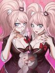  2girls :3 absurdres bangs black_bra black_choker black_jacket blonde_hair blue_eyes bow bra breasts chinese_commentary choker cleavage closed_eyes collarbone collared_shirt commentary_request danganronpa:_trigger_happy_havoc danganronpa_(series) drop_shadow dual_persona enoshima_junko eyebrows_visible_through_hair glasses godzillapigeon1 gradient gradient_background hair_ornament happy high_ponytail highres jacket lace lace-trimmed_bra lace_trim large_breasts long_hair looking_at_viewer monokuma multiple_girls nail_polish open_clothes open_mouth open_shirt pink_background pleated_skirt pocket red_bow red_nails red_skirt school_uniform semi-rimless_eyewear shiny shiny_skin shirt sidelocks skirt smile standing sweat swept_bangs symmetry tied_hair twintails underwear upper_body v-shaped_eyebrows white_shirt 