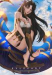  1girl anklet armlet artist_name asymmetrical_legwear asymmetrical_sleeves bangs bare_shoulders barefoot black_hair black_legwear black_panties black_ribbon bra breasts cleavage closed_mouth cloud commentary crown detached_sleeves earrings elbow_gloves fate/grand_order fate_(series) feet from_below full_body gloves hair_ribbon heavenly_boat_maanna highleg highleg_panties highres holding_legs hoop_earrings ishtar_(fate) jewelry knees_up light_rays lips long_hair looking_at_viewer medium_breasts neck_ring panties parted_bangs patreon_username plantar_flexion red_eyes reward_available ribbon single_bare_leg single_detached_sleeve single_elbow_glove single_sleeve single_thighhigh sitting sky smile soles solo stirrup_legwear strapless strapless_bra sunlight thaumazo thighhighs thighs tiara toeless_legwear toes two_side_up underwear uneven_legwear uneven_sleeves 