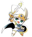  1boy belt black_hair cape chibi circlet dragon_quest dragon_quest_iii full_body gloves green_eyes mota open_mouth roto shield simple_background solo sword weapon white_background 