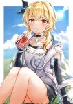  1girl bangs blonde_hair blue_sky blush border breasts clothes_writing cloud commentary contemporary copyright_name cup day disposable_cup drinking_straw eyebrows_visible_through_hair fingerless_gloves genshin_impact gloves grass highres holding holding_cup knees_up large_breasts looking_at_viewer lumine_(genshin_impact) medium_hair outdoors revision see-through_sleeves sidelocks sitting sky solo sweat thighs white_border yellow_eyes yumesaki 