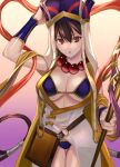  1girl bangs bare_shoulders bead_necklace beads bikini breasts bridal_gauntlets brown_hair cleavage detached_sleeves earrings fate/grand_order fate_(series) hair_between_eyes hat highres hoop_earrings japanese_clothes jewelry kimono large_breasts long_hair looking_at_viewer necklace open_mouth prayer_beads purple_bikini purple_eyes purple_legwear ri-ko sash short_kimono solo staff swimsuit thighhighs thighs vest white_kimono xuangzang_sanzang_(fate) yellow_vest 