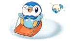  ;d blue_eyes commentary_request no_humans official_art one_eye_closed open_mouth piplup pokemon pokemon_(creature) project_pochama sledding smile spheal tongue white_background 