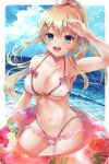  1girl :d absurdres arm_at_side arm_up bangs bikini blonde_hair blue_sky breasts cleavage closed_mouth cloud covered_nipples curved_horizon day eyebrows_visible_through_hair frilled_bikini frills fruit_hair_ornament green_eyes hair_between_eyes hair_ornament hair_ribbon highres indie_virtual_youtuber innertube large_breasts long_hair mojimaru nail_polish navel ocean open_mouth outdoors ponytail ribbon ritorun_(vtuber) sideboob sky smile solo stomach swimsuit teeth underboob upper_teeth virtual_youtuber white_bikini x_hair_ornament 