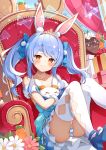  1girl animal_ear_fluff animal_ears ass bangs blue_hair blush brat foot_out_of_frame highres hololive indoors light_particles light_smile long_hair orange_eyes rabbit_ears sitting solo swept_bangs thighhighs twintails usada_pekora virtual_youtuber 