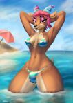  2022 2_horns amber_eyes anthro bikini breasts bulge bulge_through_clothing capreoline cervid cervine clothing hair herm hi_res horn intersex kalivero looking_at_viewer mammal nu_pogodi nu_pogodi_reboot pink_hair red_body red_deer red_eyes sea short_hair solo soyuzmultfilm swimwear ulya water 