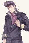  1boy adapted_costume bacelet black_eyes black_hair black_jacket diamond_wa_kudakenai earrings fashion fur-trimmed_jacket fur_trim gem higashikata_josuke jacket jewelry jojo_no_kimyou_na_bouken pompadour pouty_lips purple_hair ribbed_sweater rynisyou solo sweater turtleneck 