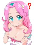  1girl :3 ? blue_eyes blush breasts breasts_outside closed_mouth flower hair_flower hair_ornament hairband hanami_kotoha highres konboi-eg long_hair looking_at_viewer mahou_girls_precure! nipples pink_hair precure simple_background small_breasts smile solo white_background 