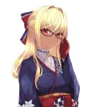  1girl adjusting_eyewear bangs blonde_hair blue_kimono bow breasts cait_aron closed_mouth dark-skinned_female dark_skin elf eyebrows_visible_through_hair glasses gloves hair_bow hair_intakes hand_up highres hololive japanese_clothes kimono long_hair long_sleeves looking_at_viewer medium_breasts obi photoshop_(medium) pointy_ears red_bow red_eyes red_gloves sash shiranui_flare sidelocks smile solo upper_body virtual_youtuber wide_sleeves 