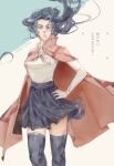  1girl artist_name black_hair cape commentary_request diamond_wa_kudakenai grey_eyes hair_over_one_eye hand_on_hip jojo_no_kimyou_na_bouken photoshop_(medium) pleated_skirt rynisyou signature skirt solo thighhighs yamagishi_yukako zettai_ryouiki 