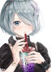 1girl absurdres black_dress blue_eyes blue_hair blush bubble_tea cup disposable_cup dress emil_(nier) flower hair_flower hair_ornament hair_over_one_eye hairband highres holding looking_at_viewer medium_hair mole mole_under_mouth nier_(series) nier_automata one_eye_covered parted_lips puffy_short_sleeves puffy_sleeves short_sleeves simple_background solo taiga_(ryukyu-6102-8) upper_body watch white_background white_flower wristband wristwatch yorha_no._2_type_b 