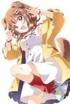  1girl :d animal_ears bangs bone_hair_ornament braid brown_hair buttons claw_pose cross-laced_footwear dog_ears dog_tail dress fang hair_ornament hololive inugami_korone jacket medium_hair multicolored_footwear namori red_legwear shoes smile socks solo tail twin_braids virtual_youtuber white_dress yellow_jacket 