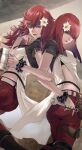  2girls bangs belt blunt_bangs breasts cup devola fingerless_gloves flower gauss_&lt;bokashi gloves green_eyes hair_flower hair_ornament hand_on_own_face highres holding holding_cup holding_wrench locked_arms long_hair medium_breasts mug multiple_girls nier_(series) nier_automata pants popola red_hair screwdriver scrunchie short_sleeves siblings thigh_strap twins wrench wrist_scrunchie 