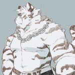 2022 anthro barazoku biped chain felid green_bell hi_res kemono male mammal muscular muscular_male pantherine scar simple_background solo tiger 