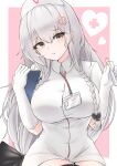  1girl :t absurdres annoyed azur_lane blush bra_visible_through_clothes braid breasts closed_mouth dress elbow_gloves eyebrows_visible_through_hair gloves hermione_(azur_lane) hermione_(pure_white_angel)_(azur_lane) highres id_card lagijay large_breasts light_brown_eyes long_hair looking_at_viewer low-tied_long_hair low_tied_hair nurse pout solo twin_braids white_dress white_gloves white_headwear 