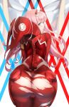  ass bodysuit breasts darling_in_the_franxx gainoob green_eyes hairband highres horns long_hair medium_breasts oni_horns pink_hair pussy red_bodysuit red_horns signature strelizia white_hairband zero_two_(darling_in_the_franxx) 