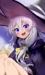  1girl :d absurdres bare_legs blush commentary elaina_(majo_no_tabitabi) eyebrows_visible_through_hair grey_hair hair_between_eyes hat highres long_hair looking_at_viewer majo_no_tabitabi pg_(pege544) purple_eyes smile solo witch_hat 