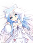  1girl absurdres animal_ear_fluff animal_ears arm_up bangs bare_shoulders blue_eyes blue_hair bow_dress braid breasts cat_ears cat_girl character_request cleavage clothing_cutout dress eyebrows_visible_through_hair gradient_hair hair_between_eyes hair_over_shoulder hand_up highres long_hair long_sleeves looking_at_viewer lying mogura2009 multicolored_hair on_back original paw_pose shoulder_cutout small_breasts smile solo soraneko_kurumi very_long_hair virtual_youtuber white_dress white_hair 