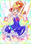  1girl :d arm_up bare_arms bare_legs blue_dress blush bow bowtie brown_hair collarbone dress floating_hair full_body green_eyes hair_bow hat hat_bow high_ponytail highres jumping kyoutsuugengo layered_dress long_hair natsuumi_manatsu open_mouth pink_bow pink_bowtie precure red_bow sailor_collar sailor_dress shoes side_ponytail sleeveless sleeveless_dress smile sneakers socks solo striped striped_bow striped_bowtie tropical-rouge!_precure visor_cap white_legwear white_sailor_collar yellow_bow 