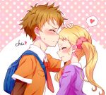  1boy 1girl amai_shirou blonde_hair blush brown_hair closed_eyes embarrassed grin hair_ornament hair_scrunchie hand_on_another&#039;s_head heart hetero kasugano_urara_(yes!_precure_5) kiss kissing_forehead kyoutsuugengo layered_sleeves long_hair long_sleeves necktie orange_shirt pink_background pink_scrunchie polka_dot polka_dot_background precure profile purple_shirt red_necktie scrunchie shiny shiny_hair shirt short_hair short_over_long_sleeves short_sleeves smile spoken_heart sweatdrop twintails yes!_precure_5 
