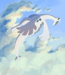  closed_eyes cloud commentary day flying from_side highres lugia no_humans open_mouth outdoors pokemon pokemon_(creature) sky solo torinoko_(miiko_draw) 