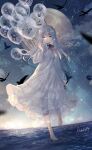  1girl aono_99 balloon bird blue_eyes bug butterfly constellation dress flower highres long_hair looking_at_viewer moon night night_sky original pale_skin see-through silver_hair sky star_(sky) starry_sky tearing_up walking walking_on_liquid water white_dress 