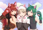  1other 2girls animal_ears animal_hands arm_up bangs blonde_hair braid breasts cat_ears cat_paws choker cleavage cloud dola_(nijisanji) dragon_girl dragon_tail earrings eyebrows_visible_through_hair fake_animal_ears gloves green_hair group_picture habit hand_on_shoulder hands_up herio jewelry large_breasts multiple_girls nijisanji nun open_mouth panda paw_gloves platinum_blonde_hair purple_eyes red_eyes red_hair ryuushen side_braid sister_cleaire standing star_(symbol) tail virtual_youtuber yellow_eyes 