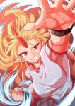  1girl absurdres bangs blonde_hair blue_skirt breasts commentary cowboy_shot cuffs fugaku_(miko_no_miyatsuguchi) grin highres horns hoshiguma_yuugi incoming_attack incoming_punch large_breasts long_hair looking_at_viewer multiple_girls pointy_ears punching reaching_out red_eyes shirt short_sleeves single_horn skirt smile solo touhou white_shirt 