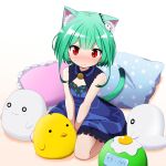  1girl animal_ear_fluff animal_ears bangs bell between_legs blue_dress blush cat_ornament clock dress earrings extra_ears fried_egg frilled_dress frills green_hair hand_between_legs hololive jewelry looking_at_viewer medium_hair mogura2009 neck_bell pillow red_eyes simple_background sitting sleeveless solo stuffed_animal stuffed_toy tail uruha_rushia virtual_youtuber wariza 