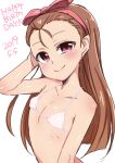  1girl bikini blush bow bow_hairband brown_hair closed_mouth dated flat_chest hair_bow hairband hand_up happy_birthday highres idolmaster idolmaster_(classic) konboi-eg long_hair looking_at_viewer minase_iori pink_bikini pink_bow pink_eyes pink_hairband smile solo swimsuit upper_body white_background 