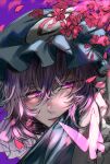  1girl bug butterfly cherry_blossoms face falling_petals flower glowing glowing_eyes hair_between_eyes hat highres lips looking_to_the_side mamiru_(42105269) mob_cap one-hour_drawing_challenge petals pink_eyes pink_flower pink_hair portrait purple_background saigyouji_yuyuko short_hair simple_background solo touhou 