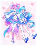  2girls :d absurdres blue_bow blue_eyes blue_footwear blue_hair blue_skirt blush border bow breasts choker cleavage closed_mouth cure_la_mer cure_marine detached_sleeves floating_hair full_body gradient_hair heart heartcatch_precure! high_heels highres kyoutsuugengo layered_skirt long_hair long_sleeves looking_at_viewer midriff miniskirt multicolored_clothes multicolored_hair multicolored_skirt multiple_girls nail_polish navel pants pants_under_skirt pink_background pink_eyes pink_hair pink_nails precure shiny shiny_hair shirt skirt small_breasts smile stomach strapless thighhighs tied_hair toenail_polish toenails tropical-rouge!_precure very_long_hair white_border white_choker white_legwear white_shirt white_sleeves zettai_ryouiki 