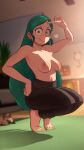  1girl =3 areolae bare_shoulders barefoot black_pants blurry blurry_background boku_no_hero_academia bookshelf breasts bright_pupils cat clock collarbone commentary couch english_commentary full_body greatm8 green_hair hand_on_own_thigh hand_up highres indoors large_breasts living_room long_hair nipples pants photoshop_(medium) pointing pointing_at_self pottery ragdoll_(boku_no_hero_academia) rug smile solo source_filmmaker_(medium) squatting topless v-shaped_eyebrows white_pupils yellow_eyes yoga_pants 