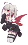  1girl ahoge badge bag bare_shoulders black_footwear blush collar demon_wings dress fang full_body grin highres horn_band_legwear konboi-eg long_sleeves looking_at_viewer loose_clothes makaino_ririmu nijisanji no_horn pointy_ears red_eyes red_wings shoes silver_hair sleeves_past_fingers sleeves_past_wrists smile solo thighhighs two_side_up virtual_youtuber white_background wings zettai_ryouiki 