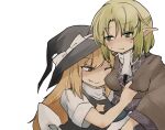  2girls bangs black_shirt black_vest blonde_hair blush bow breast_grab breasts brown_jacket closed_mouth commentary_request cookie_(touhou) eyebrows_visible_through_hair fang fang_out grabbing green_eyes half_updo hat hat_bow highres hisuisyo9 jacket joker_(cookie) kirisame_marisa long_hair medium_breasts mizuhashi_parsee multiple_girls parted_bangs pointy_ears red_eyes scarf shirt short_hair short_sleeves simple_background skin_fang star_(symbol) suzu_(cookie) touhou upper_body vest white_background white_bow white_scarf white_shirt witch_hat yuri 