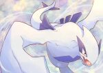  above_clouds absurdres commentary fangs flying highres lugia no_humans okoge_(simokaji) open_mouth pokemon pokemon_(creature) red_eyes solo toes tongue wind 