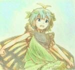  1girl antennae aqua_hair blush brown_eyes butterfly_wings dress eternity_larva fairy green_dress hair_between_eyes jpeg_artifacts kakera_(comona_base) leaf leaf_on_head multicolored_clothes multicolored_dress open_mouth short_hair short_sleeves single_strap solo touhou upper_body wings 