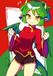  1girl absurdres breasts china_dress chinese_clothes draco_centauros dragon_girl dragon_horns dragon_tail dragon_wings dress green_hair highres horns large_breasts long_sleeves looking_at_another looking_down pointy_ears pout pouty_lips puyopuyo red_dress s2offbeat short_hair solo tail wings yellow_eyes 