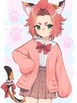  1girl animal_ear_fluff animal_ears artist_name bangs_pinned_back bow bowtie cat_ears cat_girl cat_tail commentary cowboy_shot diona_(genshin_impact) genshin_impact green_eyes hand_on_hip highres jacket long_sleeves looking_at_viewer paw_print paw_print_background pink_jacket plaid plaid_skirt red_bow red_bowtie red_hair short_eyebrows short_hair simple_background skirt solo tail tail_ornament thick_eyebrows v-shaped_eyebrows vickie_(cryingrobot) 