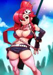  1girl anti-materiel_rifle belt bikini bikini_top_only breasts flame_print gun hair_ornament highres large_breasts ponytail red_hair rifle short_shorts shorts skull_hair_ornament sniper_rifle solo studded_belt swimsuit tengen_toppa_gurren_lagann tukiwani weapon yoko_littner 