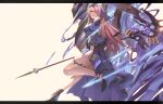  1girl bangs bare_shoulders brown_hair dpin_(user_adhr8855) dress electricity flower hair_flower hair_ornament hair_over_one_eye high_heels holding holding_scythe holding_weapon honkai_(series) honkai_impact_3rd long_hair long_sleeves looking_at_viewer purple_dress purple_eyes purple_flower purple_footwear purple_rose rita_rossweisse rita_rossweisse_(fallen_rosemary) rose scythe simple_background solo weapon yellow_background 