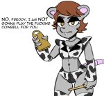  animal_print animatronic anthro brown_hair buckteeth colored cow_print cowbell dialogue dunnhier1 edit english_text five_nights_at_freddy&#039;s five_nights_at_freddy&#039;s:_security_breach girly gregory_(fnaf) hair machine male mammal mouse murid murine narrowed_eyes robot rodent scottgames simple_background solo standing teeth text video_games young 