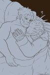  2022 anthro bed bedding belly blanket cuddling ded_moroz duo embrace eyes_closed furniture hi_res hug human human_on_anthro iguanid interspecies itzamna kakitama2310 kemono lifewonders lizard lying male male/male mammal overweight overweight_male pillow reptile scalie sleeping tokyo_afterschool_summoners video_games 