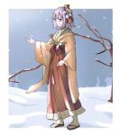  1girl bangs bob_cut border branch class_mate closed_mouth flip-flops flower full_body hair_flower hair_ornament hieda_no_akyuu japanese_clothes kimono long_sleeves orange_kimono outdoors purple_eyes purple_hair sandals short_hair smile snow snowing solo standing touhou white_border white_flower white_legwear 