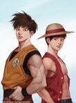  2boys aura black_hair commentary dragon_ball english_commentary genki_dama hat in-hyuk_lee looking_at_viewer male_focus midriff_peek monkey_d._luffy multiple_boys muscular muscular_male navel one_piece open_clothes open_shirt short_hair simple_background son_goku straw_hat 