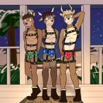  1:1 anthro bell bell_harness boots briefs bulge cervid christmas clothed clothing doormat footwear fuze group harness hi_res holidays jingle_bell jingle_bell_harness male mammal nipples porch print_briefs print_clothing print_underwear snow topless trio underwear underwear_only 