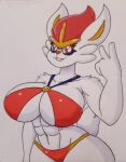  abs anthro big_breasts breasts cinderace clothed clothing female fur hi_res jumneyarts nintendo pok&eacute;mon pok&eacute;mon_(species) simple_background smile solo video_games white_body white_fur 