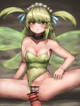  1girl :3 bangs bar_censor bare_arms bare_shoulders black_souls blue_ribbon blush breasts bright_pupils censored cleavage clothing_aside collar collarbone covered_navel eyebrows_visible_through_hair fairy fairy_wings green_eyes green_leotard green_pupils green_wings hair_between_eyes hair_ribbon highres imminent_penetration imminent_vaginal leaf_(black_souls) leotard leotard_aside light_green_hair long_hair maid_headdress medium_breasts open_mouth penis pointy_ears pussy ribbon ropeperson spread_legs strapless strapless_leotard thighs two_side_up wings 