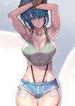  1girl abs armpits arms_up bangs bare_shoulders blue_eyes blue_hair breasts cleavage collarbone denim denim_shorts dytm gloves large_breasts leona_heidern looking_at_viewer shorts snk solo suspenders sweat tank_top the_king_of_fighters toned 