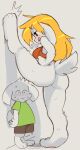  anthro blonde_hair blush bodily_fluids bottomless bottomless_female butt cave_story clothed clothing curly_brace digitigrade duo female fur hair lagomorph larger_female leporid male mammal mimiga on_one_leg pawpads paws rabbit size_difference smaller_male standing sweat video_games wamudraws white_body white_fur 