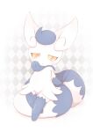  1girl :&lt; animal_ears argyle argyle_background blue_fur blue_hair blush body_fur cat_ears cat_girl cat_tail closed_mouth colored_sclera commentary_request flat_chest furry furry_female half-closed_eyes kajiura light_blush looking_away looking_down looking_to_the_side meowstic meowstic_(female) multiple_tails partial_commentary pokemon pokemon_(creature) red_eyes short_hair shy sitting_on_tail solo tail two-tone_fur two_tails white_fur yellow_sclera 
